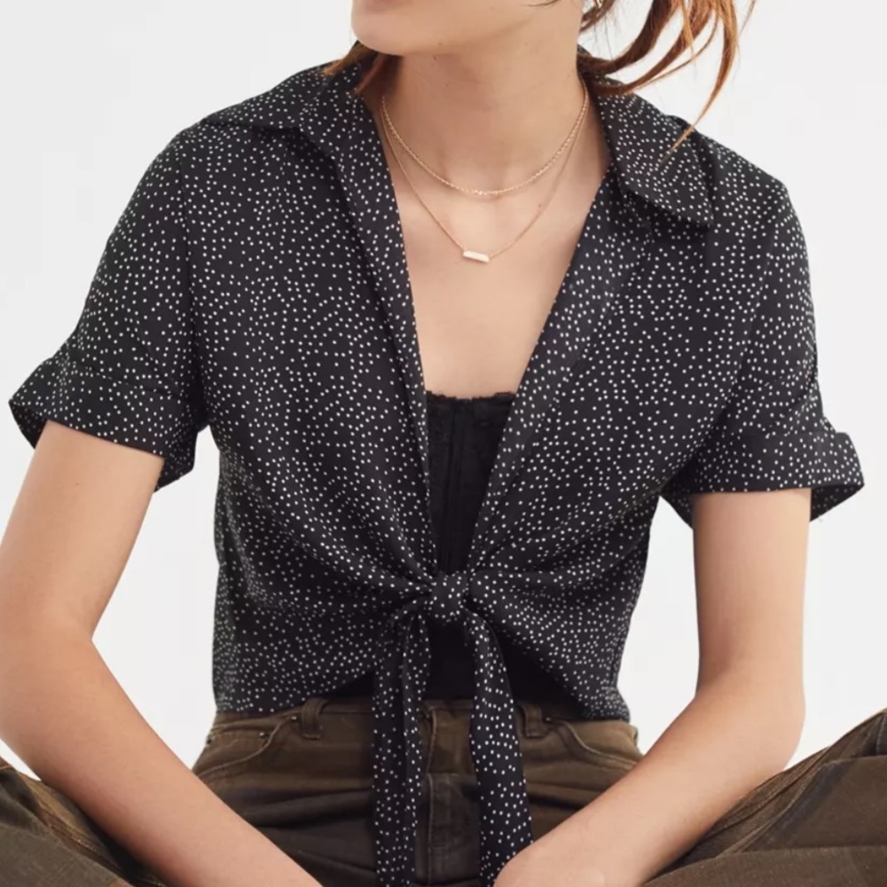 Urban Outfitters Tie-Front Short Sleeve Cropped Top Black White Polka Dot-Small